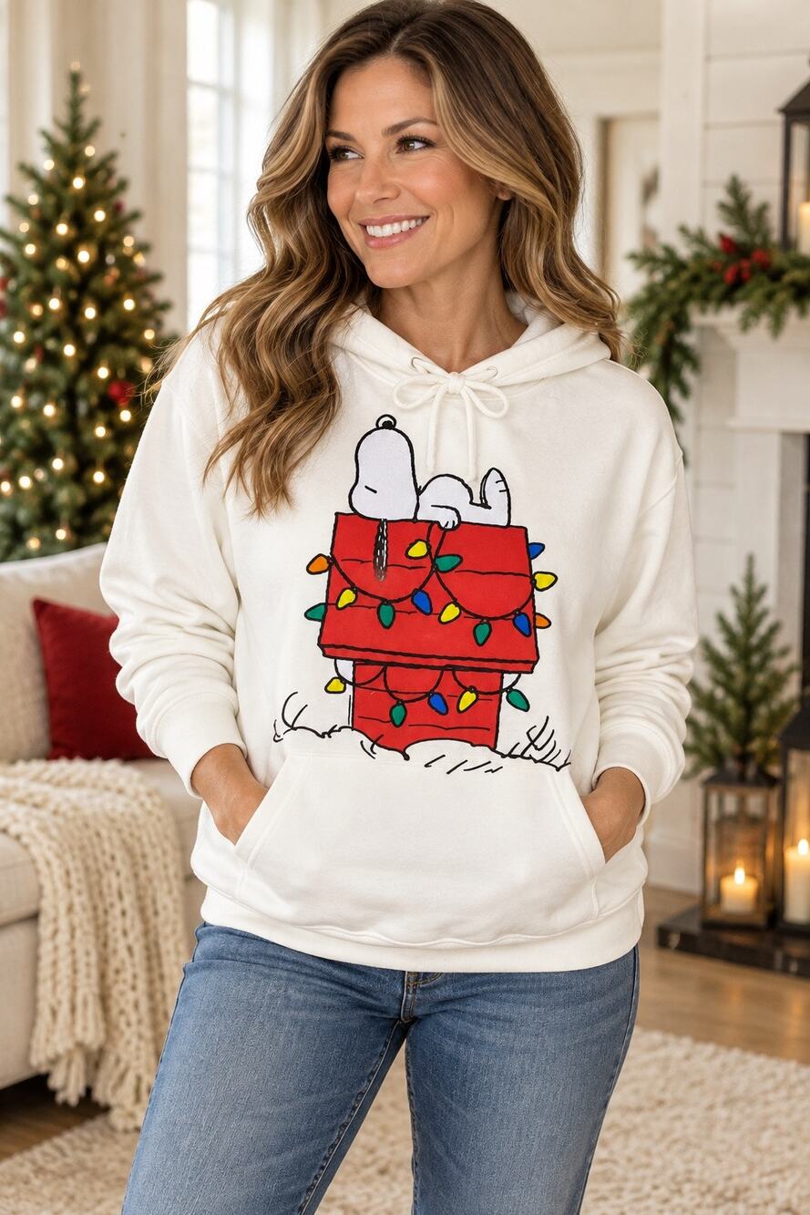 Freeze Snoopy Hoodie Womens S White Christmas Lights Peanuts Holiday Pullover